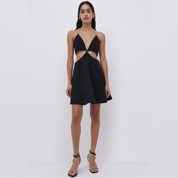 Jonathan Simkhai Ellis Crystal Strap Cut Out Mini Dress Size 4 Black/Silver - Picture 2 of 16